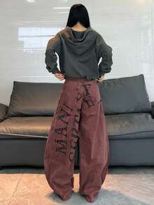 1pc Japanese Street Style Women's Patchwork Printed Curved Leg Loose Wide Leg Jeans Comfortable All Season Long Pants (This Product Does Not Include Belt/Accessories) - Red - View 9