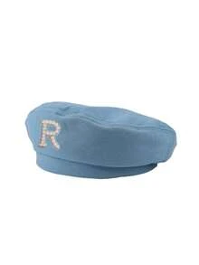 1 chiếc mũ beret nữ màu trơn, trang trí 26 chữ cái bằng ngọc trai, mũ thời trang thường ngày thanh lịch kiểu retro có thể điều chỉnh, quà tặng phong cách đường phố tối giản - Màu xanh bụi bặm - Xem 10