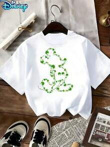 Disney Women's Mickey Mouse St. Patrick's Day Clover Silhouette Cartoon Short-Sleeved T-Shirt - Lucky Clover Theme Round-Neck Top, Soft Cotton Breathable Fabric, Summer Casual Style, Suitable For St. Patrick's Day Celebrations - Blanc - Voir 1