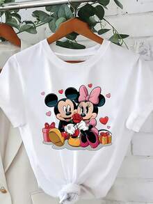 Disney (Loose Version)Sweet Mickey Minnie Mouse Graphic T-Shirt For Women, White Cotton Tee With Short Regular Sleeves And Round Neck, Regular Length Top, Cute Style Short-Sleeved Round Neck Casual Shirt Necessary In Summer, Suitable For Summer And Spring, Holiday Gift Party Clothing, Ladies' Clothing. - White - View 1