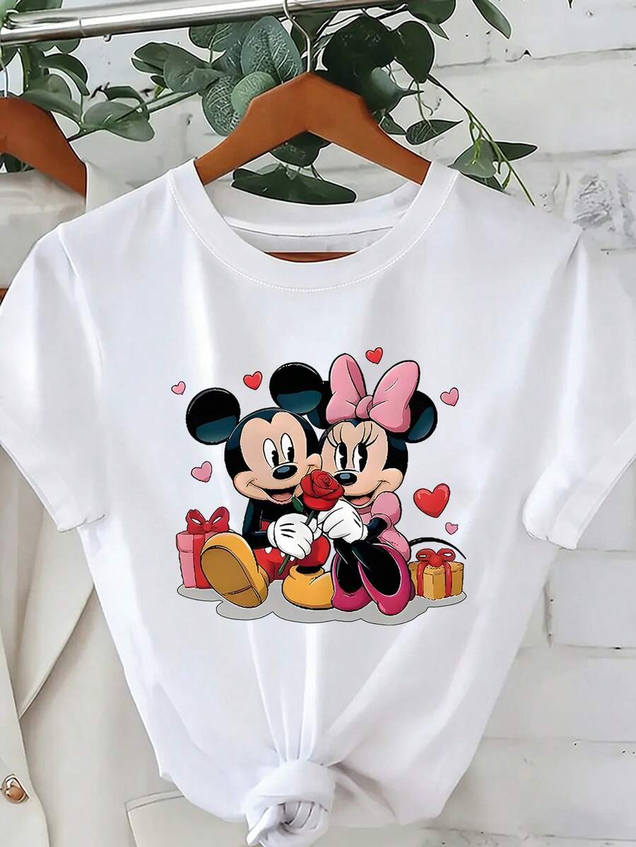 Disney (Loose Version)Sweet Mickey Minnie Mouse Graphic T-Shirt For Women, White Cotton Tee With Short Regular Sleeves And Round Neck, Regular Length Top, Cute Style Short-Sleeved Round Neck Casual Shirt Necessary In Summer, Suitable For Summer And Spring, Holiday Gift Party Clothing, Ladies' Clothing. - White - View 1