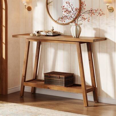 LITTLE TREE Solid Wood Console Table, 41.3" Rustic Entryway Table With Storage Shelf, 2 Tiers Narrow Skinny Couch Table Behind Sofa For Hallway, Entrance, Foyer, Living Room, Brown
