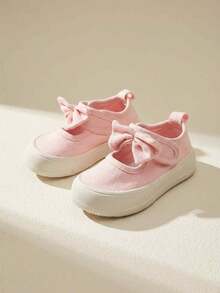 1 Pair Toddler Girls Solid Pink Canvas Shoes Sweet Bowknot Round Toe Hook & Loop Closure Flat Mary Jane Sneakers For Birthday Party Daily Wear - Pink - View 1