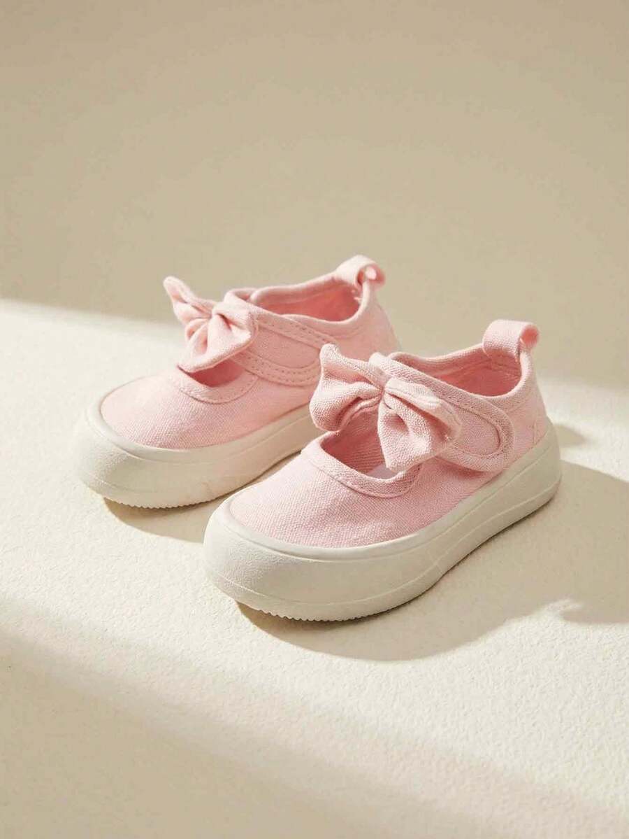 1 Pair Toddler Girls Solid Pink Canvas Shoes Sweet Bowknot Round Toe Hook & Loop Closure Flat Mary Jane Sneakers For Birthday Party Daily Wear - Pink - View 1