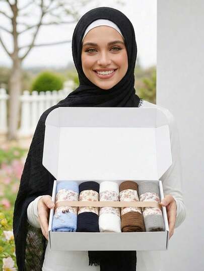 1 盒装女士纯色雪纺莫代尔头巾围巾，休闲粘胶头巾，头巾配饰，女士围巾，针织头巾装饰丝带，多色多功能头巾和长围巾，头巾，头巾，适合作为礼物（5 条头巾 + 2 个丝巾夹）