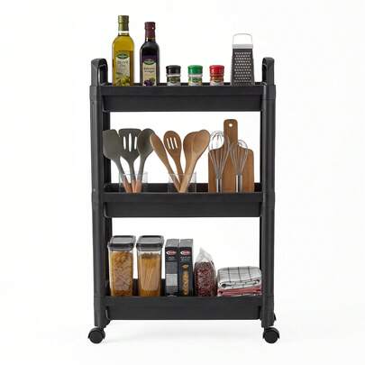  COSTWAY Slim Rolling Storage Cart, 3-Tier Bathroom Organizer With Handles And Wheels, Multifunctional Storage Trolley, Narrow Mobile Shelving Unit For Kitchen, Laundry Room And Office, Black