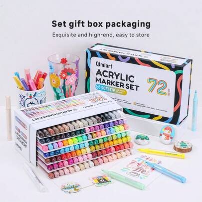 72/126 Colors Acrylic Marker Pen Set, 0.7-5mm Soft Nibs, Large Ink Capacity, High Coverage, Suitable For Black Card, Paper, Fabric, Wood, Stone, Ceramic, Glass, Professional For Art Drawing, Painting, DIY, Crafts
