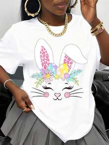 Summer Tops2026White Easter Bunny T-Shirt With Colorful Eggs And Flowers Graphic For Women Spring Festival Cute Animal Print Top Casual Wear Holiday Gift Ideagraphic Tees Women - 白色 - 查看 1