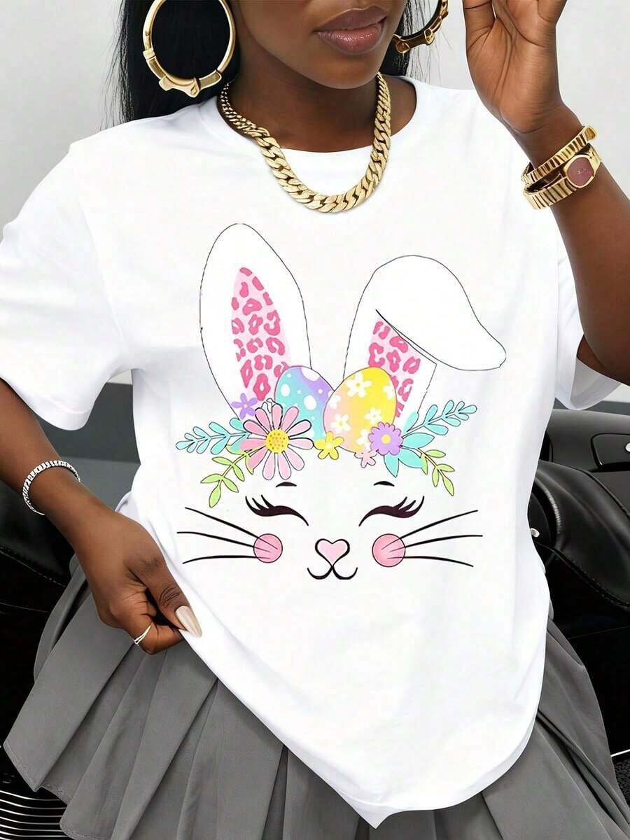 Summer Tops2026White Easter Bunny T-Shirt With Colorful Eggs And Flowers Graphic For Women Spring Festival Cute Animal Print Top Casual Wear Holiday Gift Ideagraphic Tees Women - 白色 - 查看 1