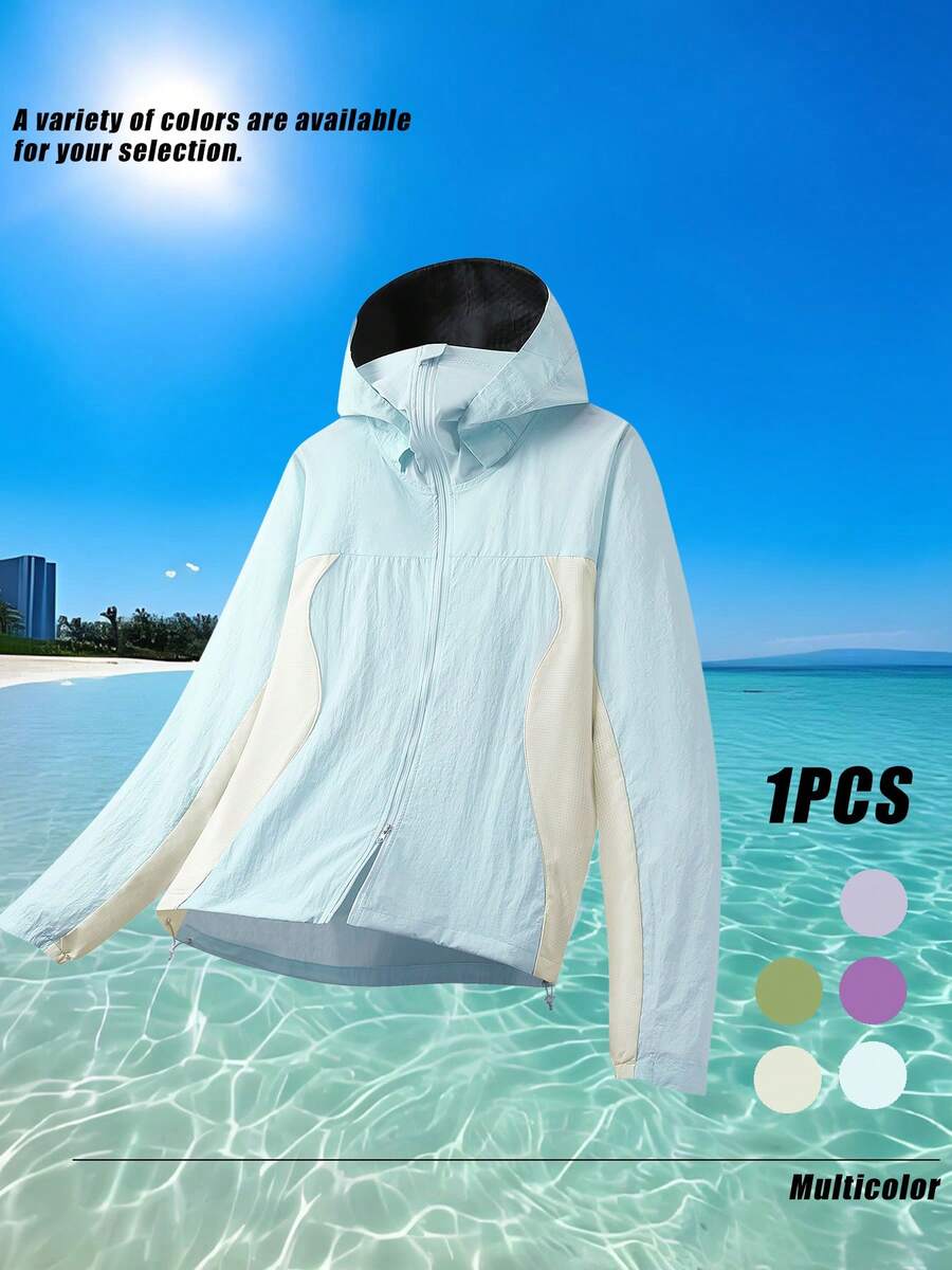 Women's Outdoor Hooded Lightweight Jacket, Color Block, Comfortable Casual Long Sleeve Sportswear, Versatile Sun Protection, Summer - Baby Blue - View 1
