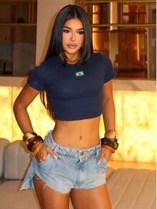 Cropped Top With Embroidered Brazil Flag, Short Sleeves, World Cup Themed, Ribbed Knit. - Navy Blue - View 1