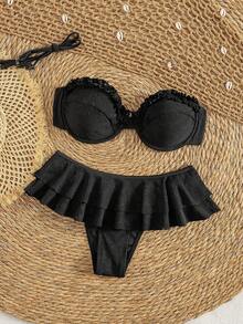 Bộ bikini trắng gợi cảm lãng mạn 2 món - Áo quây viền ren và chân váy xếp ly cạp cao, đồ bơi đi biển cho nữ, kỳ nghỉ hè, màu đen. - màu đen - Xem 5