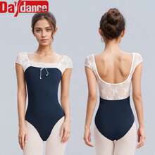 Daydance1 Piece Of Women's Ballet Leotard Adult Flowered Lace Bodysuit Short Sleeve Gymnastics Dance Bodysuits Ballerina Leotard - Navy Blue - View 2