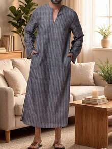 Men's Muslim Robe Home Robe Leisure Vacation Robe Courtyard Style Robe With Pockets On Both Sides Hemp Fork Length Moderate - Grey - View 1