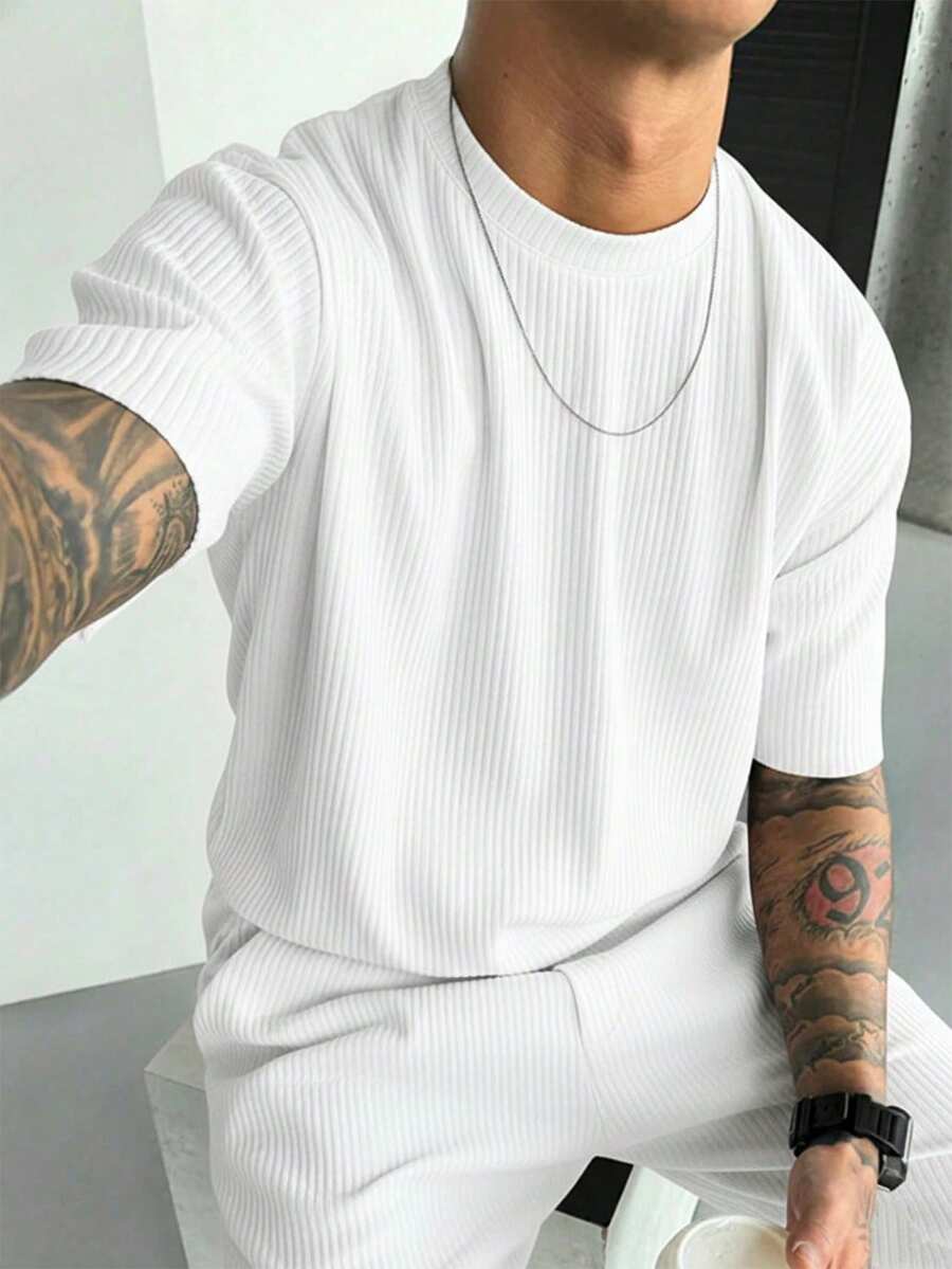 Plus Size Men's Ribbed Crew Neck Short Sleeve Casual T-Shirt, Easy To Wear, Perfect Gift For Friends - White - View 1
