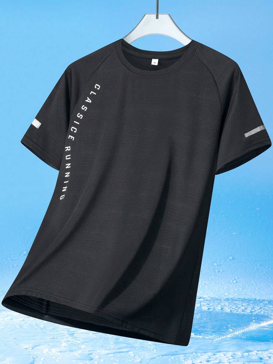 女士速干插肩袖运动T恤，带反光细节，休闲字母印花，日常及运动T恤 - 黑色 - 查看 1