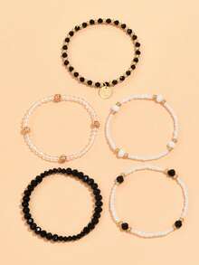 10pcs Bohemian Beaded Disc Pendant Bracelets Set, Suitable For Stacking, Great For Summer Beach, Casual Wear, Gifts For Family, Neighbors, Friends, Birthday, Holiday, Vacation - Black and White - View 7