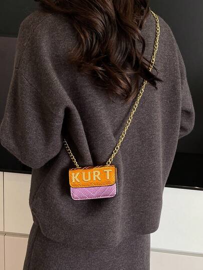 1pc Mini Fashion Letter Decoration With Chain Color Blocking PU Flap Small Square Bag, Spring And Summer New Versatile Shoulder Slanting Cross Bag, Suitable For Vacation, Shopping And Commuting