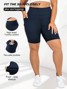 Plus Size Women's Lightweight Cycling Shorts, High Waist Fitness Running Stretchy Tummy Control Shorts With Pockets Sports - Navy Blue - View 4