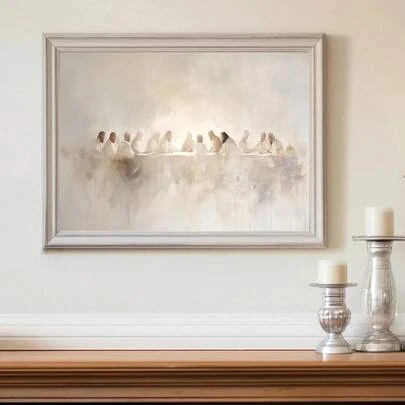 1 pièce Affiche sur canevas de la Cène vintage encadrée/sans cadre. Impression artistique murale chrétienne de Jésus, décoration minimaliste esthétique, peinture religieuse rétro pour appartement, salon, chambre, décoration de maison moderne