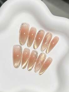 10pcs Handmade Nails Oval Nails Acrylic Press On Nails Long, Gentle Nude Pink Nails, Flashy Cateye, Handpainted Irregular Glitter Powder Check Pattern, Nail Gems Small Stone Diamond Inlaid, Minimalism Edgy Elegant Simple Spring Nails, Summer Press On Nails, Party Daily & Dating Use Beach Tropical Getaway Suitable,DIY False Nail Art Suitable For Women & Girls As Gift Nail Supplies - Pink - View 8