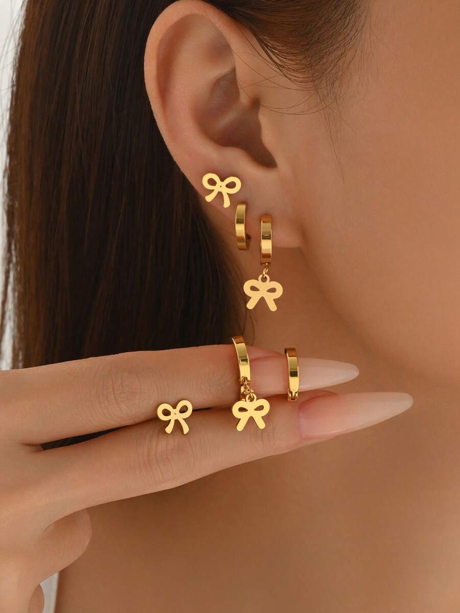 3对简约不锈钢蝴蝶结吊坠耳环套装，法式奢华日常百搭耳环，女士款 - 多色 - 查看 1