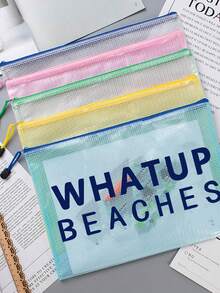 Mehrfarbige wasserdichte modische Mesh-Strandtasche, Kosmetiktasche mit "WHATUP BEACHES" Aufdruck, Strandthema, transparente Kosmetiktasche mit großer Kapazität, leichte Aufbewahrungstasche mit Sonnenschutz, Strandessentiell, Nylon-Reißverschluss Kulturbeutel, geeignet für Schwimmen, Strand, Tauchen und Sommerurlaub, Schulanfang für Studenten, Geburtstag, Feiertag, Party, Hochzeit (Brautjungfer) usw. Perfektes Geschenk und Souvenir - Verschiedenfarbig - Übersicht 4