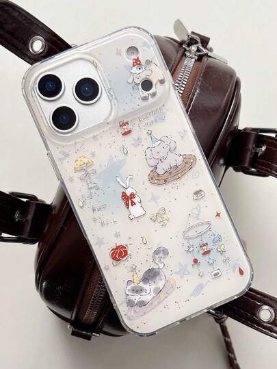 1pc Splash-Ink Cute Lines Small Animal Phone Case, Suitable Compatible With Apple IPhone17 IPhone17Promax 16ProMax 16Pro 16 15Promax 15Pro 14 13 12 11 Phone Covers, INS New Shock-Proof Protective Case