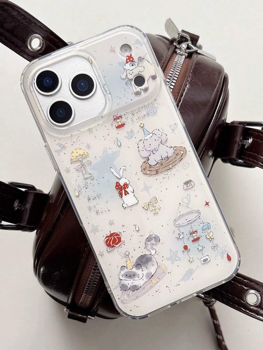 1pc Splash-Ink Cute Lines Small Animal Phone Case, Suitable Compatible With Apple IPhone17 IPhone17Promax 16ProMax 16Pro 16 15Promax 15Pro 14 13 12 11 Phone Covers, INS New Shock-Proof Protective Case - White - View 1