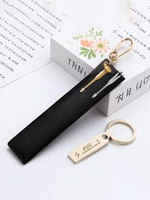 便携式油漆笔袋，触控笔收纳袋挂件，带扣笔盒，商务办公笔，按压式签名笔，0.5mm黑色墨水凝胶笔，金属复古笔杆，速干。（1支按压式签名笔 + 1支带收纳袋的笔） - 荔枝紋 - 查看 3