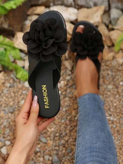 1 Pair Black Floral Design Women's Sandals, Fashionable Summer Beach Shoes