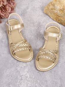 2026 New Arrival Summer Fashionable Shiny Comfortable Gold Woven Strap Sandals - Gold - View 8