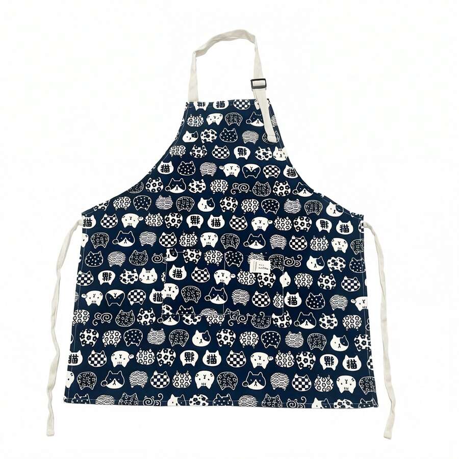 1件可调节猫咪图案围裙，男女通用，简约风格，带口袋，适合厨师、服务员、厨房烹饪、烧烤、美发师等，实用厨房工具，可机洗