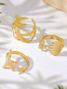 3pcs/Set Starfish Adjustable Rings, Ocean Style Accessories For Beach, Party, Holiday - Multicolor - View 3