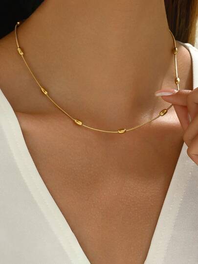 1件不锈钢极简金色珠链项链，18K镀金串珠锁骨项链，简约锁骨项链，适合女性日常佩戴或作为礼物赠送