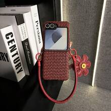 Keychain,Lanyard Luxury Ins Wine Red Straw Mat Pattern Phone Case With Sunflowers Leather Strap Compatible With Samsung Galaxy ZFlip7 Z Flip6 ZFlip 5 Zflip6 Zflip5 Shockproof Back Cover - Burgundy - View 3