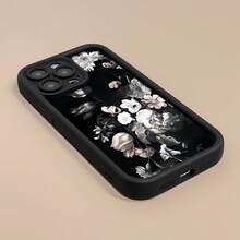 Flores, fondo negro, rosa y blanco. Fundas compatibles con , Apple, VIVO, OPPO, , Transsion, ,  y Honor. Fabricadas en silicona TPU, ofrecen protección contra golpes y caídas. - Negro - Ver 2
