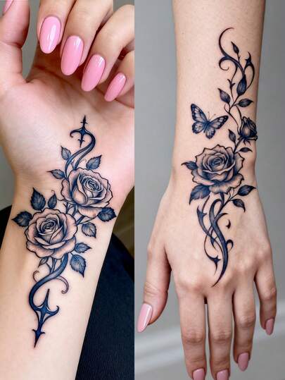 Herbal Juice Semi-Permanent Tattoo Stickers, Realistic Temporary Tattoos, Dark Rose & Butterfly Pattern Festival Tattoos, Men Tattoos, 7-14 Days Waterproof Non-Reflective Tattoo Stickers For Hand, Leg, Abdomen, Shoulder, Neck, Collarbone, 1 Sheet