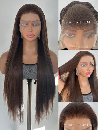 Long Straight 13*4Lace Front Wigs Lace Wigs For Women Brown Synthetic Heat Resistant Fiber Hair Natural Hairline Brown Color Long Silk Straight Natural Wig ,Suitable For Daily Wear And For Use On Holidays.