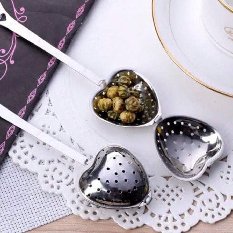 2pcs Heart-Shaped Stainless Steel Tea Strainer Spoon With Powdered Sugar Sifter Tea Infuser Suitable For Loose-Leaf Tea, Spices, And Seasonings - Silver - View 1