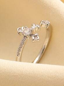 1pc Luxury Iris Flower Cross Rhinestone Adjustable Open Ring, Fashionable Elegant Minimalist Versatile, Suitable For Daily Wear, Dates, Weddings, A Gift For Her - Silver - View 3