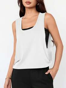 Women's Loose Sleeveless Diamond Pattern Fabric Sports Tank Top, Suitable For Outdoor Leisure, Commuting, Gym Workout, Short Coverup For Spring/Summer - White - View 4