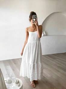 Đầm maxi dáng búp bê xếp ly nhiều lớp, màu trơn, thanh lịch, phong cách bohemian dành cho nữ của SUNSTORY, thích hợp cho kỳ nghỉ hè, đi biển, mặc hàng ngày, đám cưới, tiệc tùng, hẹn hò, du lịch, lễ hội âm nhạc, Ngày của Mẹ và Lễ Tạ ơn. - trắng - Xem 3