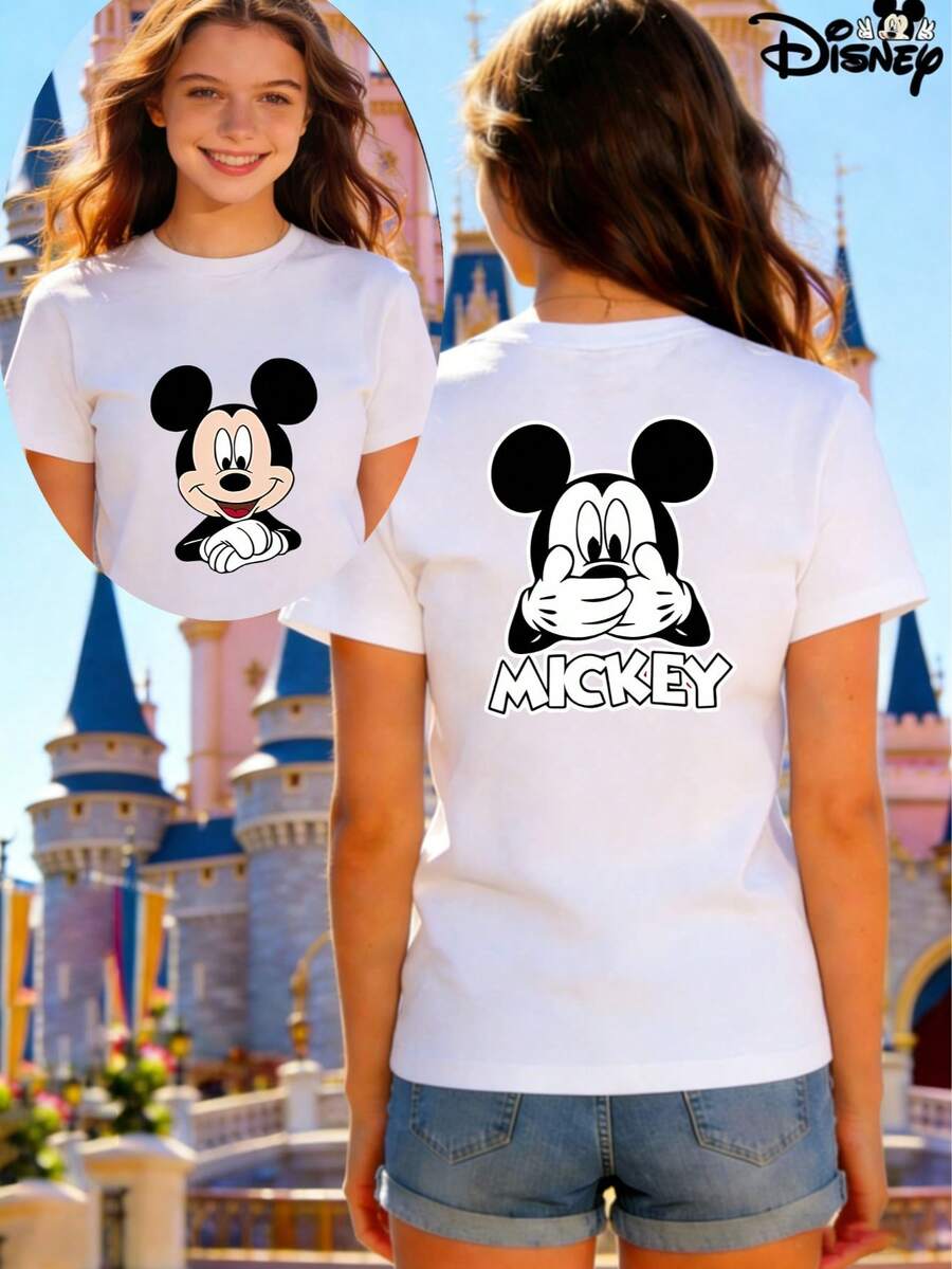 Women's Casual White Cotton Mickey Mouse Print Short Sleeve Round Neck T-ShirtComfortable Round Neck Women's Loose T-Shirt | Disney Mickey Mouse Themed | Summer Vacation Outfit - Blanc - Voir 1