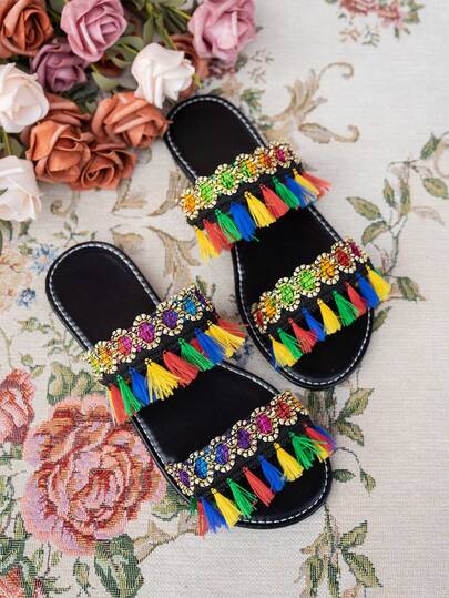 女士时尚夏季波西米亚风双排流苏平底凉鞋，节日派对生日礼物，户外休闲拖鞋，适合约会和购物