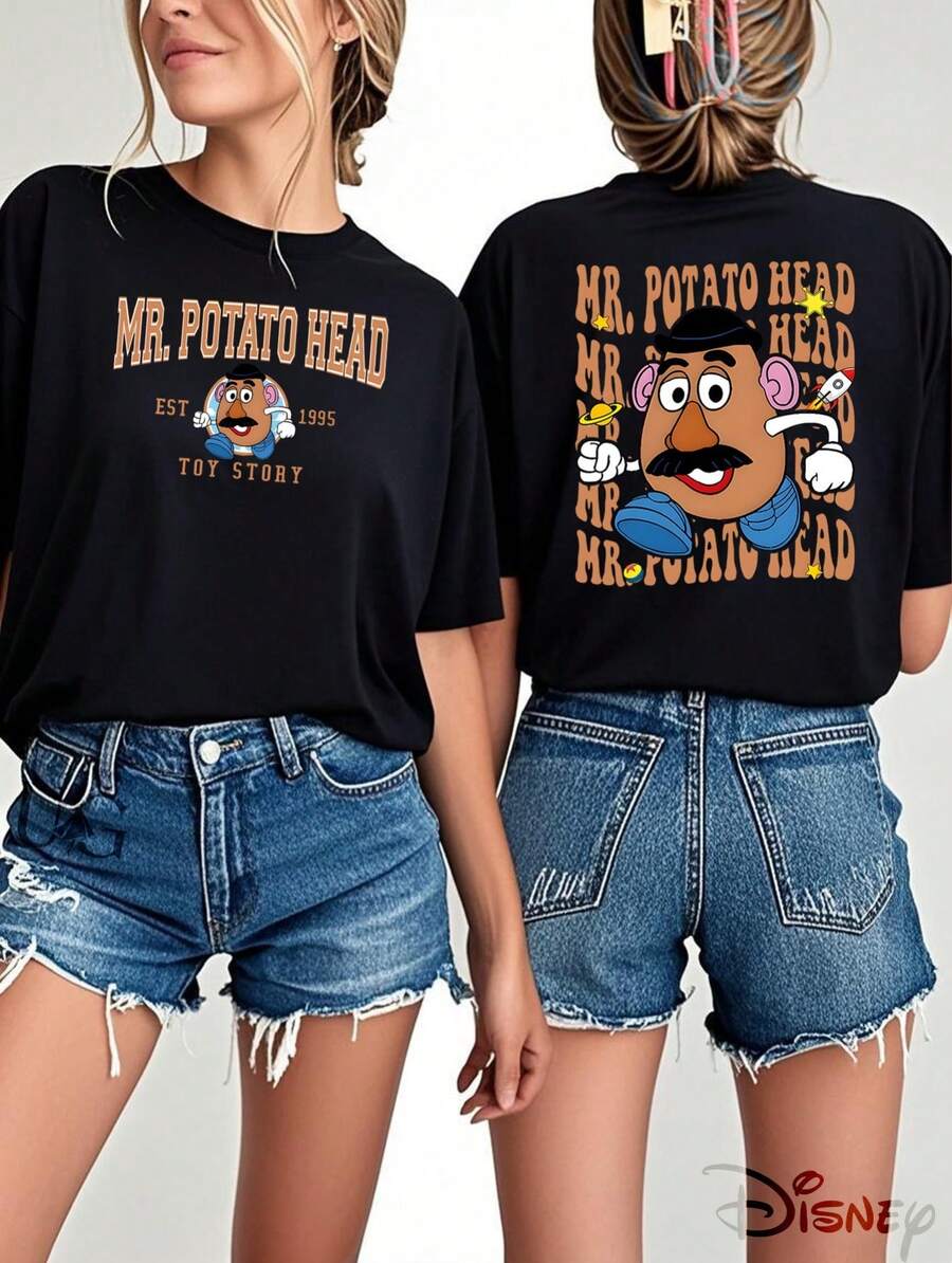 Disney (Loose Version) Mr Potato Head Est 1995 Toy Story Regular Sleeve Cotton T-Shirt For Women Short-Sleeved Round Neck Casual Shirt Necessary In Summer, Suitable For Summer And Spring, Holiday Gift Party Clothing, Ladies' Clothing. - màu đen - Xem 1