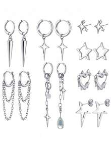 1/8 Pairs Unisex Gothic, Grunge, Emo, Punk, Y2K, Korean Style Chain Earrings, Christmas Jewelry Gift - Silver - View 2