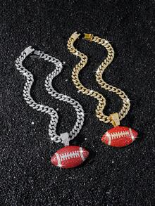 1pc Men's Full Diamond Bling Cuban Link Chain With Football Pendant Necklace - Style a - View 2