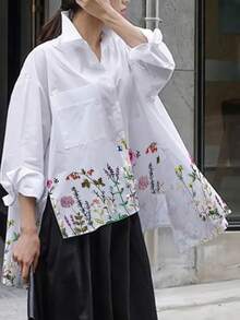 Plus Size Women's Casual Floral Print Front Short Back Long Shirt, Printed Woven Fabric, Summer Spring White - White - View 5