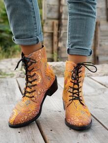 Botas occidentales de media pantorrilla bordadas para mujer, botas de moda de cuero sintético, calzado para mujer - Amarillo - Ver 3